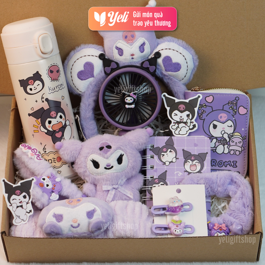 Set quà tặng bình nước Kuromi kèm phụ kiện túi xách tặng bé gái, bạn gái, sinh nhật, hộp quà tặng Ku