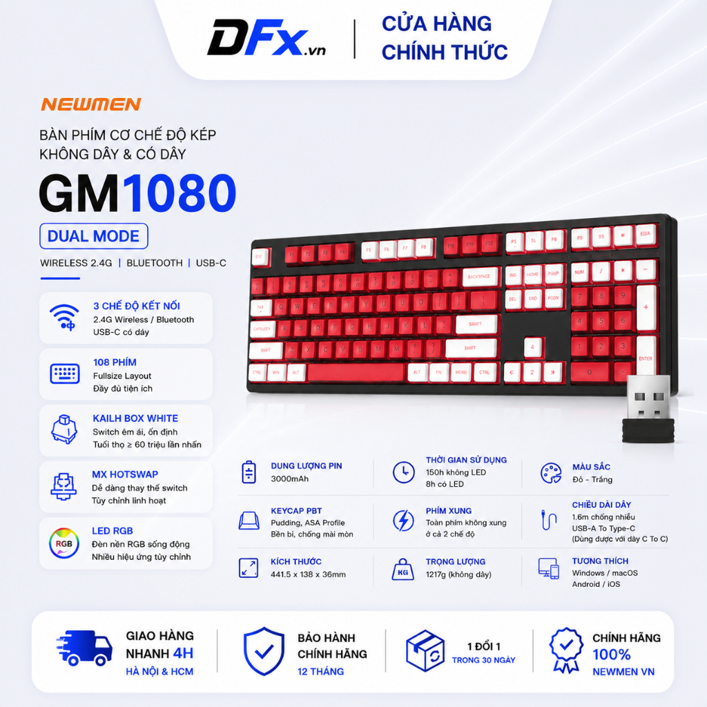 Bàn phím cơ Newmen GM1080 Dual mode