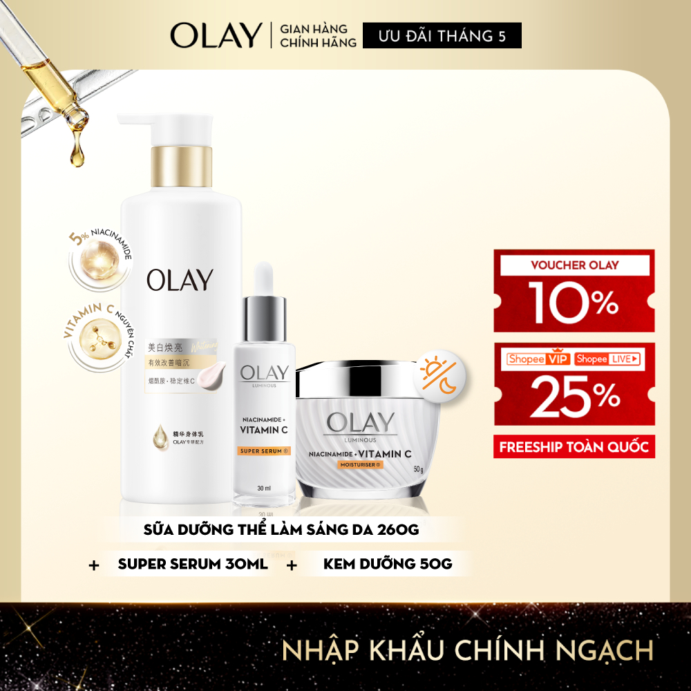 Combo3: Sữa Dưỡng Thể OLAY Làm Sáng Da & Kem Dưỡng OLAY & Serum OLAY Luminous Niacinamide + Vitamin 
