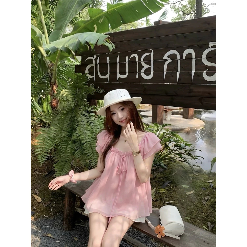 (Hàng sẵn) Áo babydoll Voan Tơ 2 lớp, Tay Cánh Tiên cổ vuông bèo ngực thắt nơ siu xinh SUGAR TOP | BigBuy360 - bigbuy360.vn