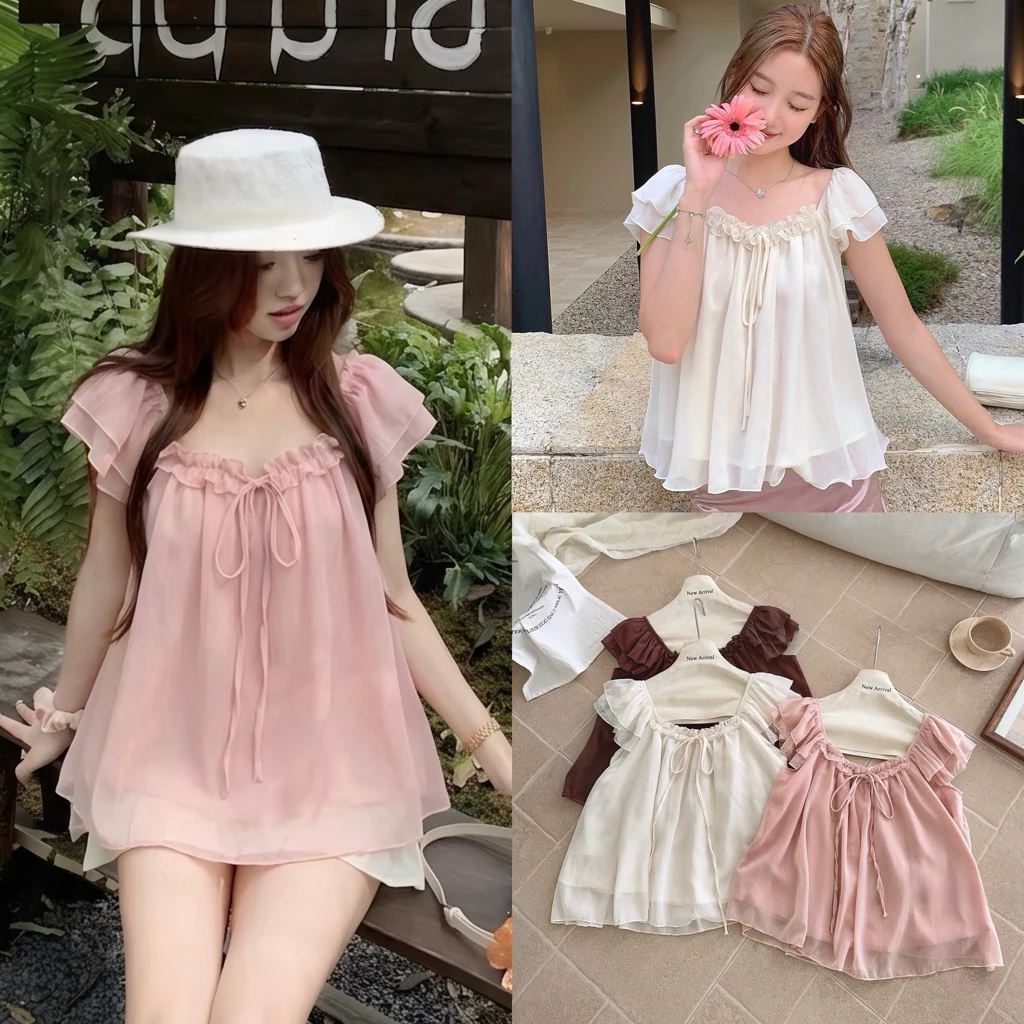 (Hàng sẵn) Áo babydoll Voan Tơ 2 lớp, Tay Cánh Tiên cổ vuông bèo ngực thắt nơ siu xinh SUGAR TOP | BigBuy360 - bigbuy360.vn