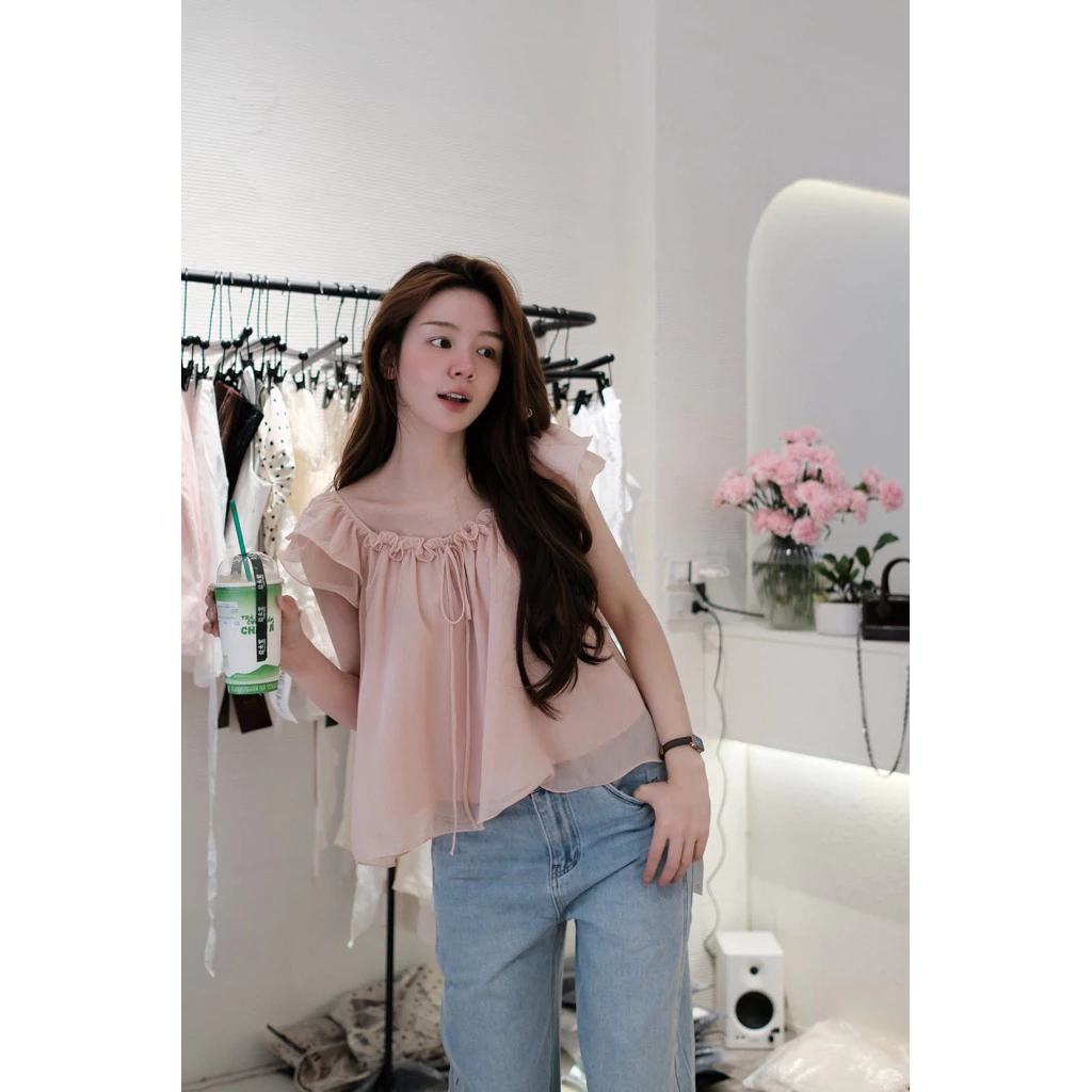 (Hàng sẵn) Áo babydoll Voan Tơ 2 lớp, Tay Cánh Tiên cổ vuông bèo ngực thắt nơ siu xinh SUGAR TOP | BigBuy360 - bigbuy360.vn