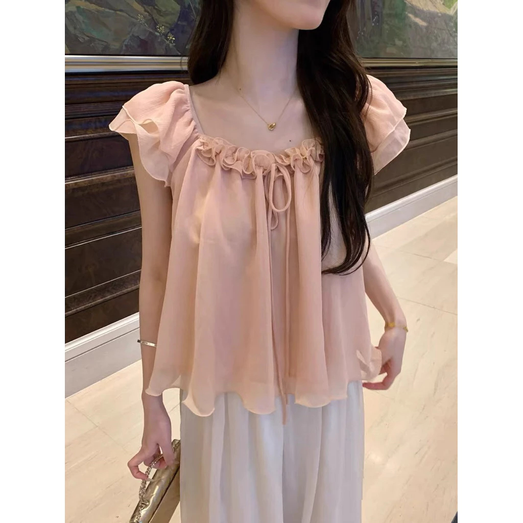 (Hàng sẵn) Áo babydoll Voan Tơ 2 lớp, Tay Cánh Tiên cổ vuông bèo ngực thắt nơ siu xinh SUGAR TOP | BigBuy360 - bigbuy360.vn