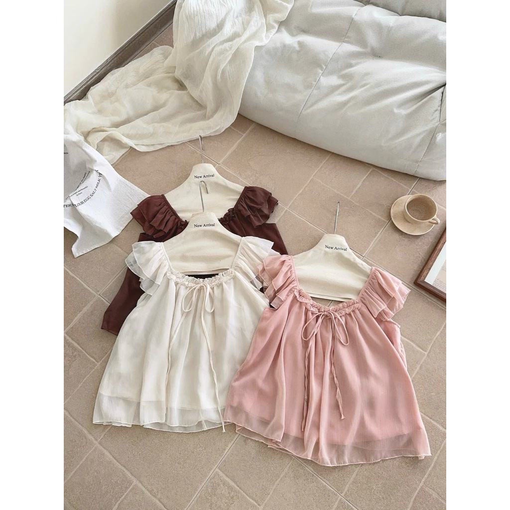 (Hàng sẵn) Áo babydoll Voan Tơ 2 lớp, Tay Cánh Tiên cổ vuông bèo ngực thắt nơ siu xinh SUGAR TOP | BigBuy360 - bigbuy360.vn