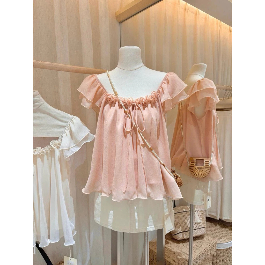 (Hàng sẵn) Áo babydoll Voan Tơ 2 lớp, Tay Cánh Tiên cổ vuông bèo ngực thắt nơ siu xinh SUGAR TOP | BigBuy360 - bigbuy360.vn