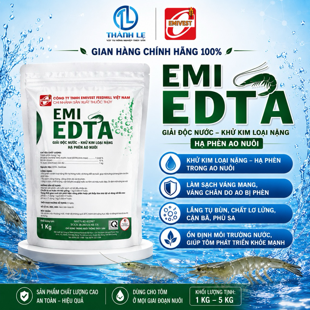 Bao 1kg-5kg Emi Edta cao cấp khử phèn, kim loại nặng trong ao nuôi hàm lượng EDTA 7.2-8.8%