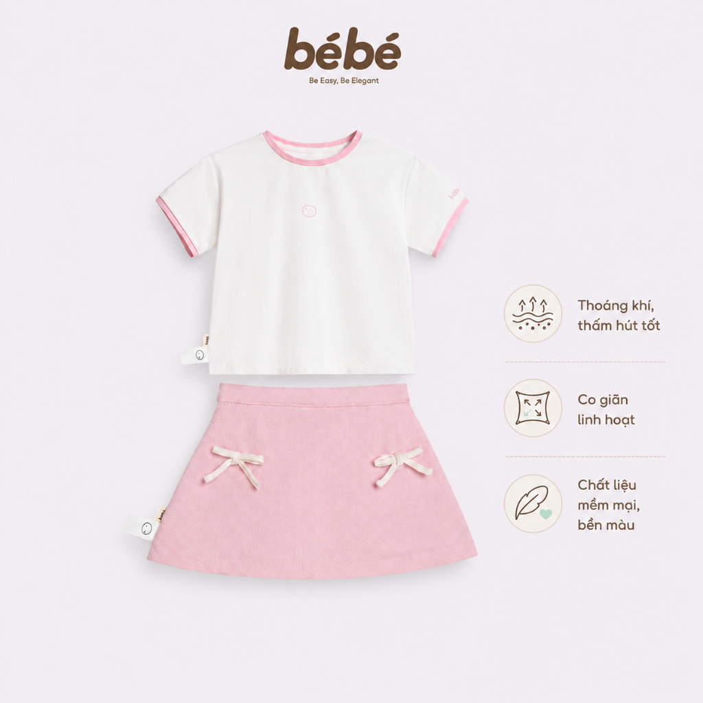 Set Bé Gái BéBé Áo Thun Icon và Chân Váy A Đính Nơ