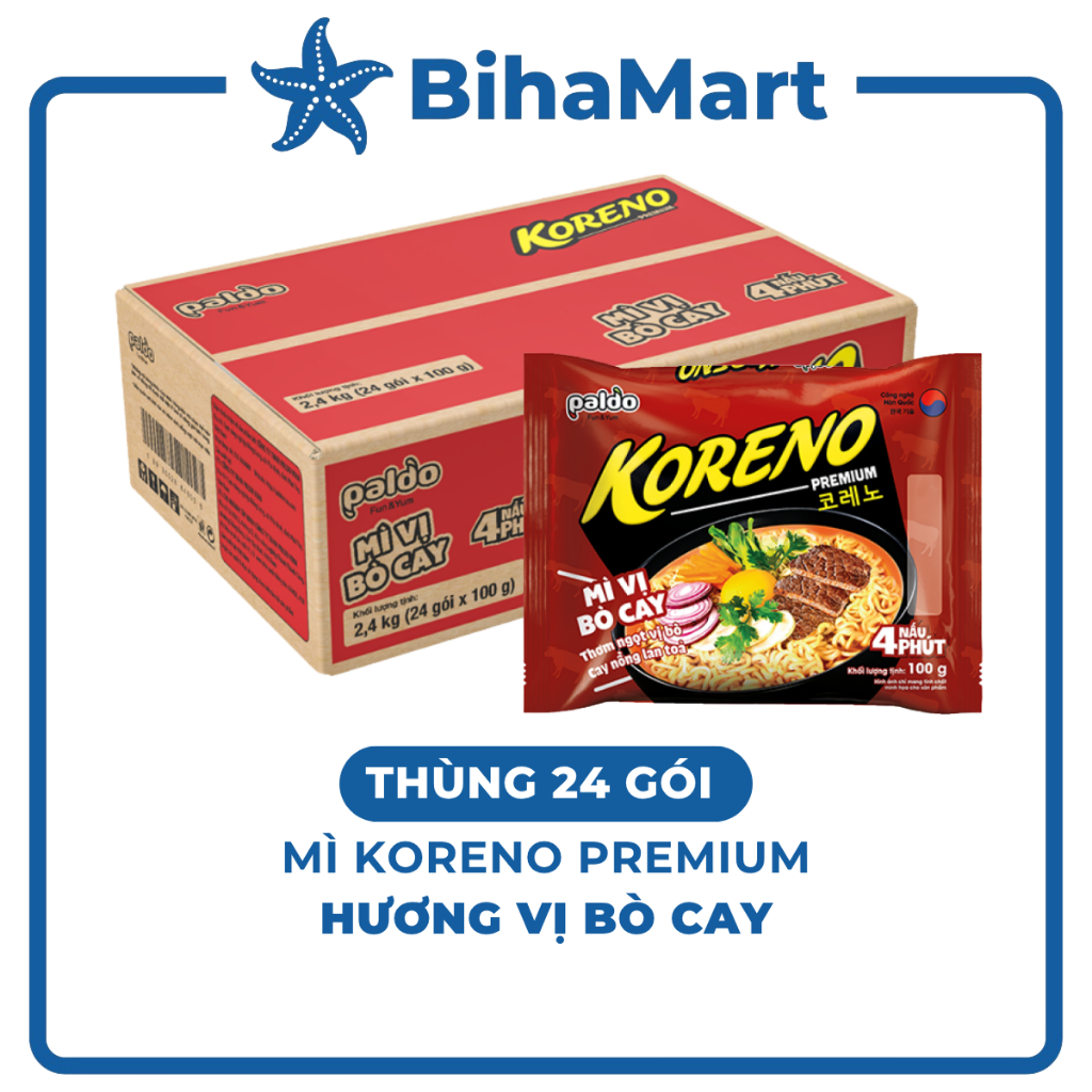 THÙNG24GÓIPALDO Mì Koreno Premium hương vị Bò cay, Mì Koreno Bò cay Hàn Quốc, Mì bò cay Koreno Hàn Q