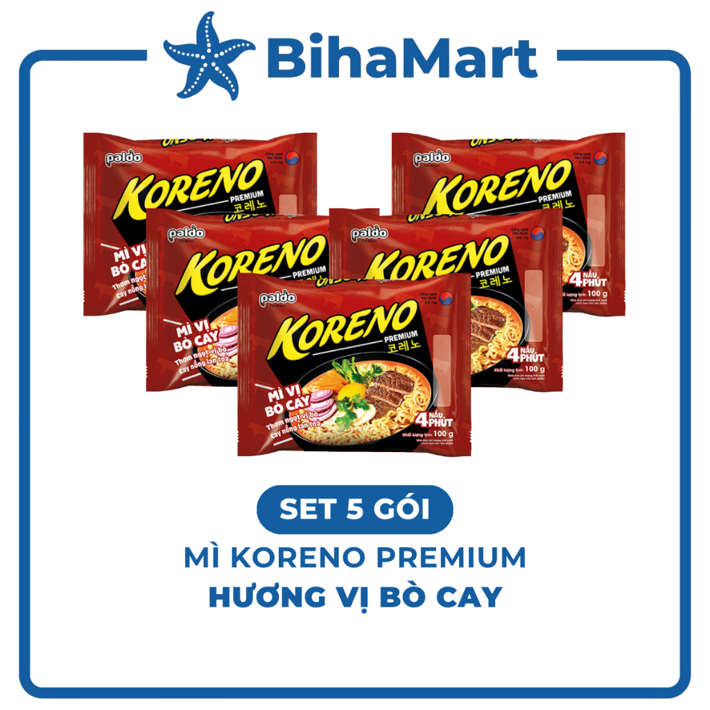 SET 5 GÓI PALDO Mì Koreno Premium hương vị Bò cay, Mì Koreno Bò cay Hàn Quốc, Mì bò cay Koreno Hàn Q