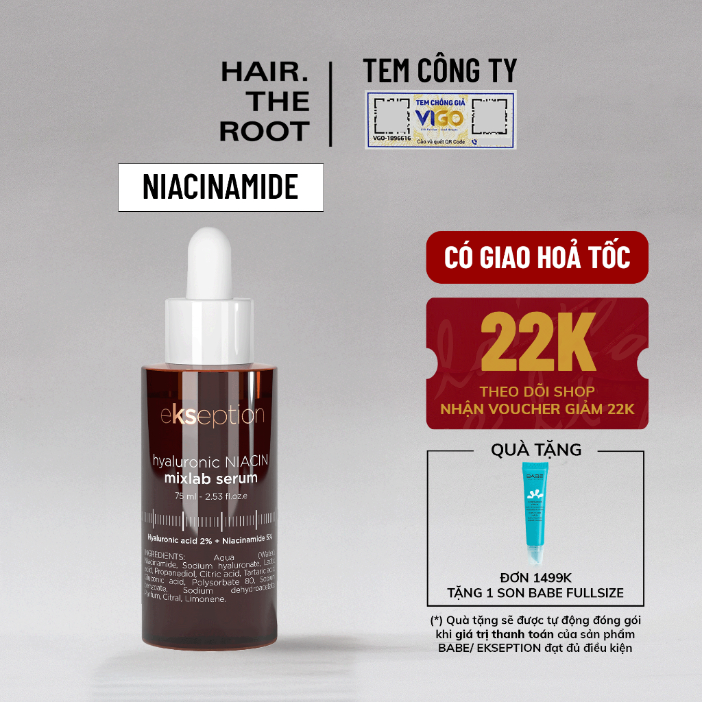 Serum EKSEPTION NIACIN B3 Niacinamide 5%, HA 2% Hỗ Trợ Ngừa Mụn, Giảm Thâm Mụn 75ml - Hàng Công Ty