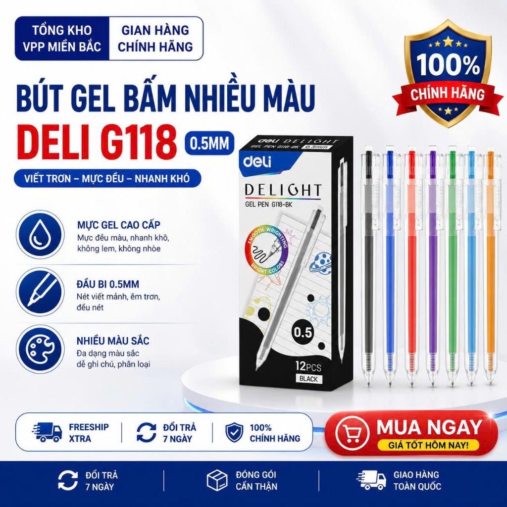 Hộp 12 bút gel bấm nhiều màu 0.5mm Deli G118 / EG 118 xinh xắn nhanh khô viết đều trơn ruột S206