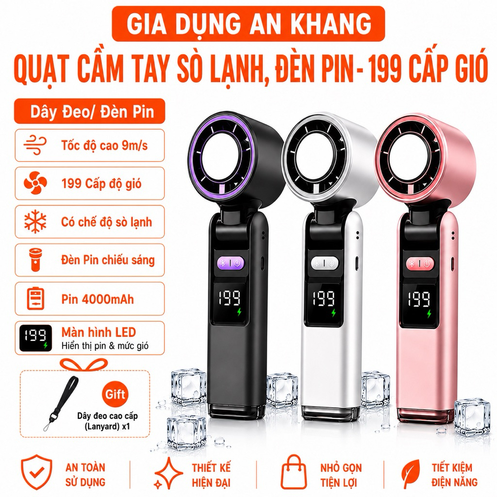 Quạt Cầm Tay Sò Lạnh, Có Đèn Pin, 199 Cấp Gió, Pin 4000mAh Màn Hình LED, Sạc USB-C, Tặng Kèm Dây Đeo