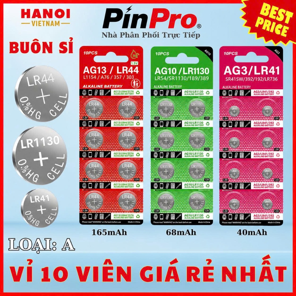 ( PinPro ) 1 Vỉ 10 Pin cúc áo SODA LR44 AG13 LR1130 AG10 LR41 AG3 LR54 Chất Lượng Cao - Giá Gốc