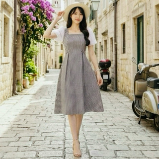 Đầm midi váy caro phối tay trắng thắt eo mặc đi làm đi chơi đều xinh