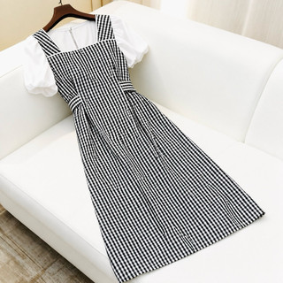 Đầm midi váy caro phối tay trắng thắt eo mặc đi làm đi chơi đều xinh