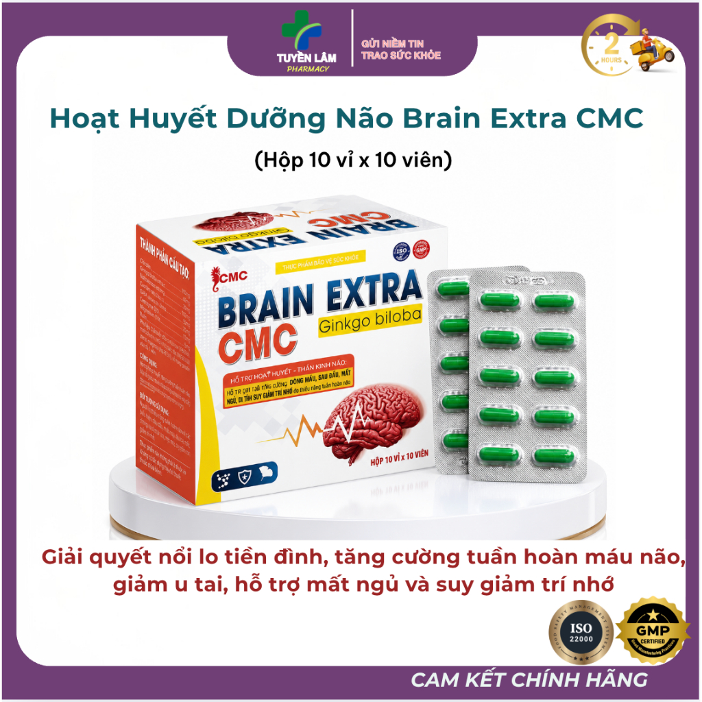 Hoạt huyết dưỡng não Brain Extra CMC giúp giảm: chóng mặt, đau đầu, mất ngủ, ù tai, suy giảm trí nhớ