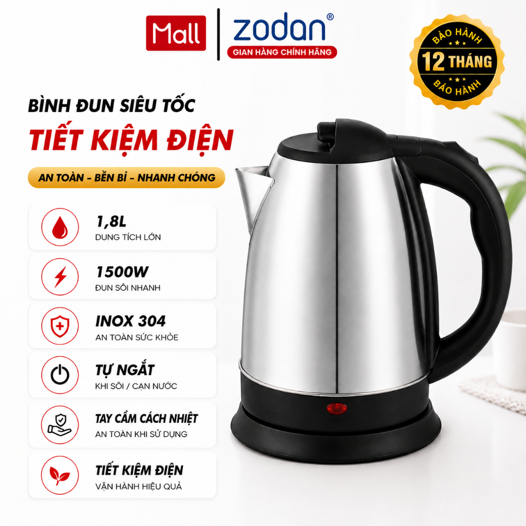 [SIÊU ƯU ĐÃI] Ấm đun nước siêu tốc, Bình đun siêu tốc ZODAN I996 dung tích 1.8L - Bảo Hành 1 Năm