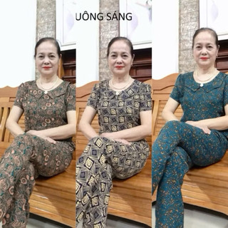 Bộ nữ trung tuổi cổ sen mặc nhà, Đồ bộ các bà trung tuổi lụa hàn châu cao cấp áo tay cộc quần dài cao cấp