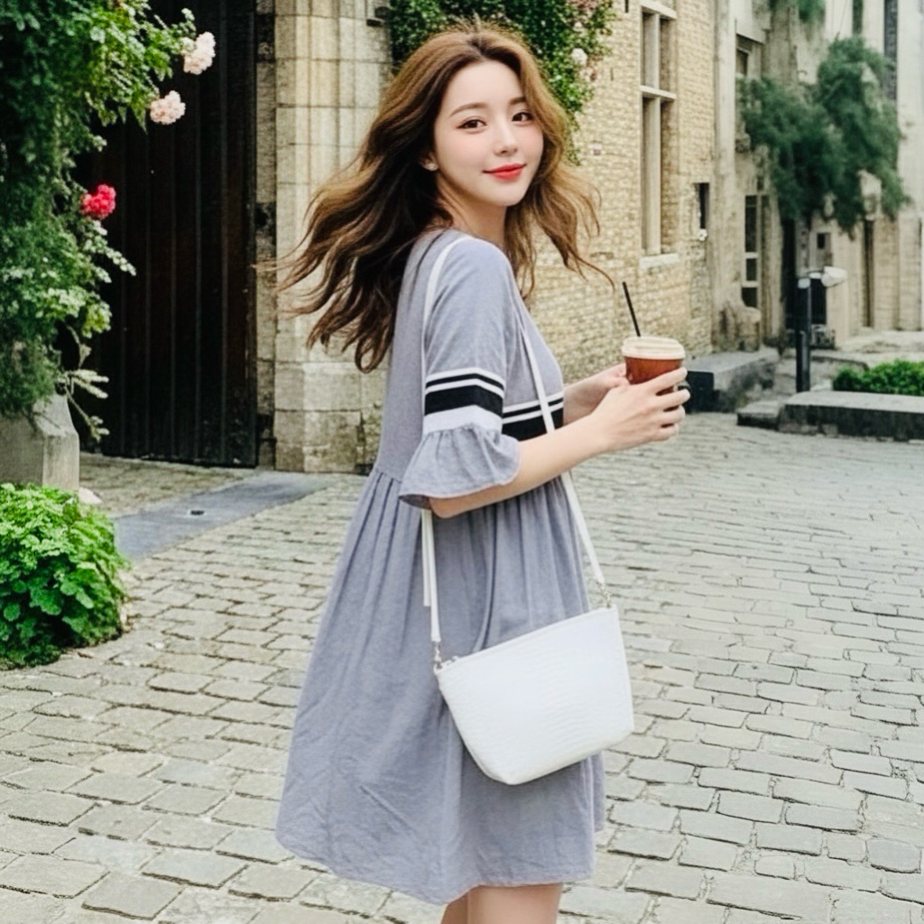 Đầm babydoll xám phối bo thun phong cách hàn quốc (kèm hình thật)