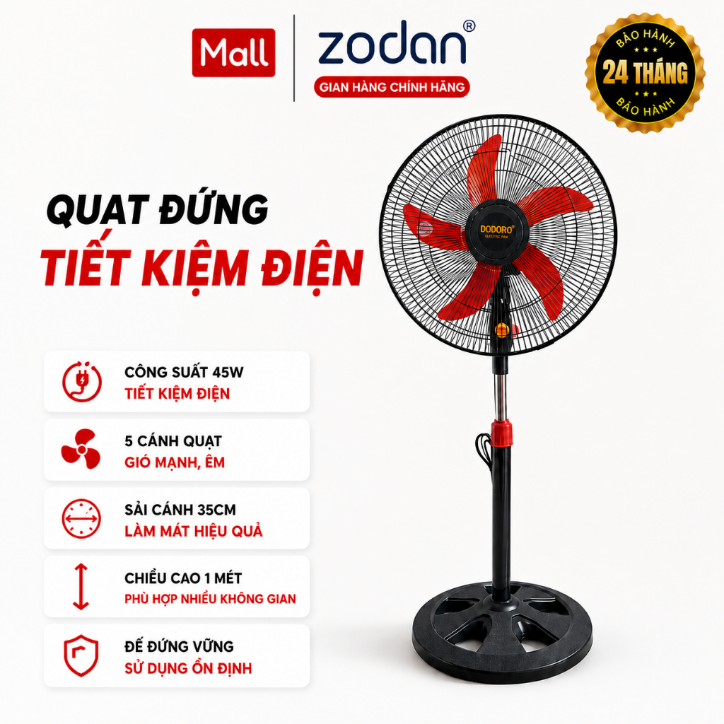 Quạt lững thân sắt 5 cánh DODORO B4 - công suất 45w - hàng chính hãng