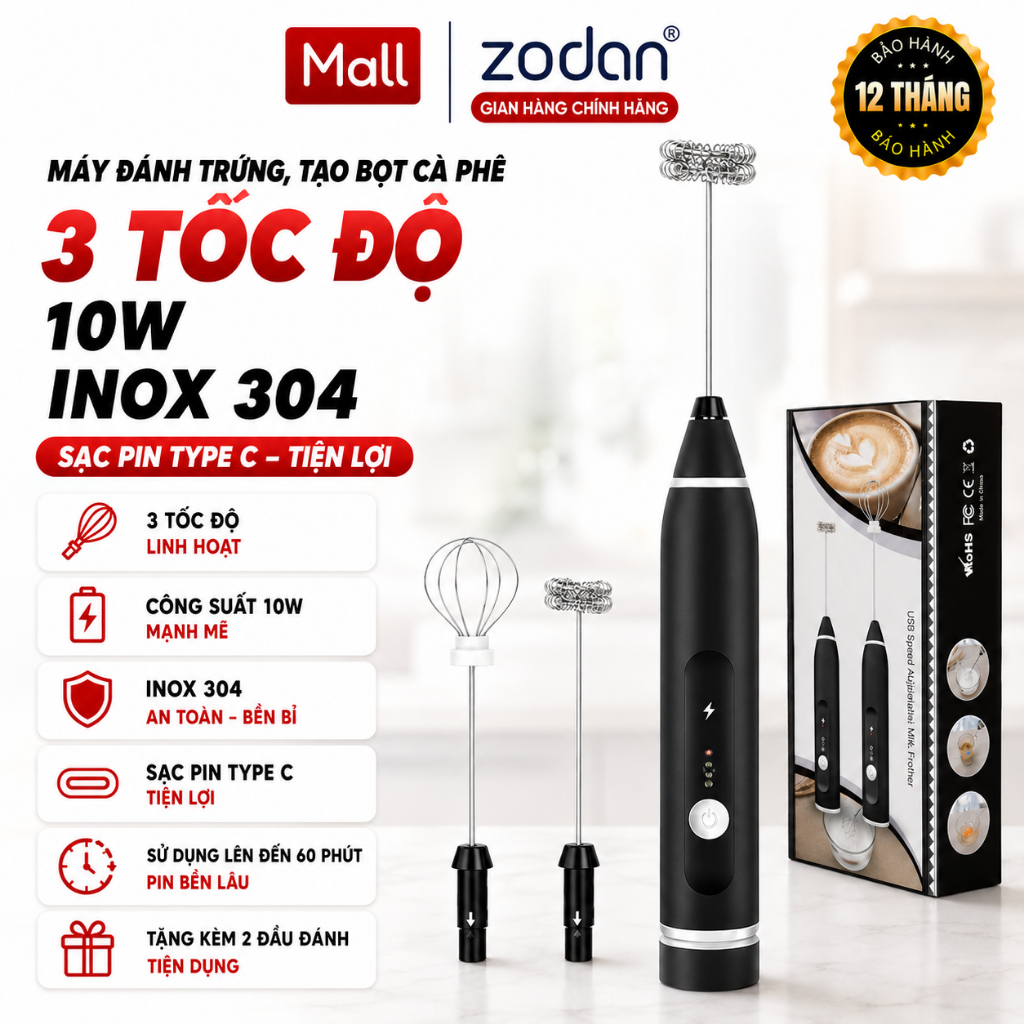 Máy Đánh Bọt Que Tạo Bọt Cafe Mini, Máy Đánh Trứng Cầm Tay ZODAN F78 Không Dây Tích Điện 3 Chế Độ