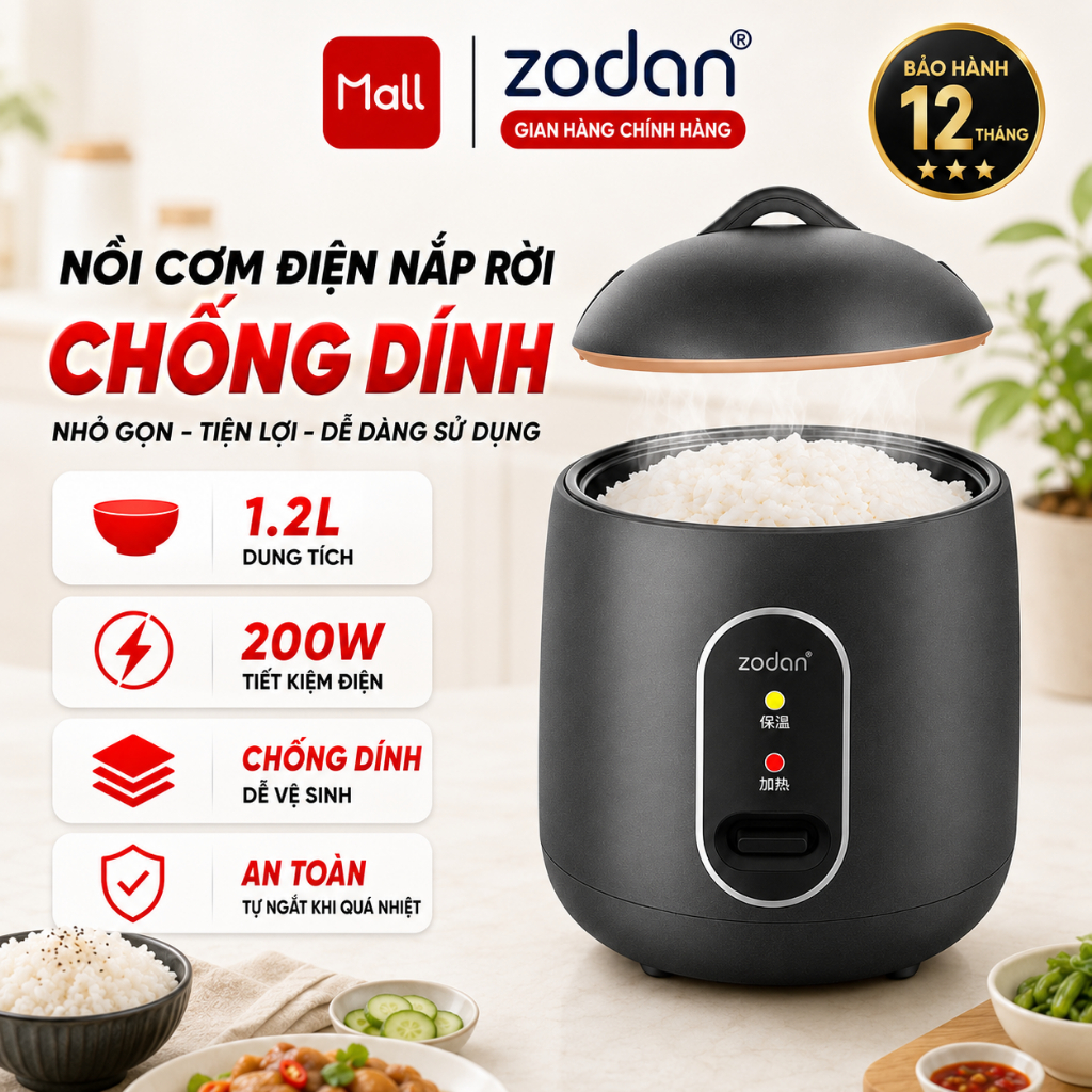 Nồi Cơm Điện Mini Chống Dính, Nấu Hầm Súp Cháo Đa Năng, Dung Tích 1,2L