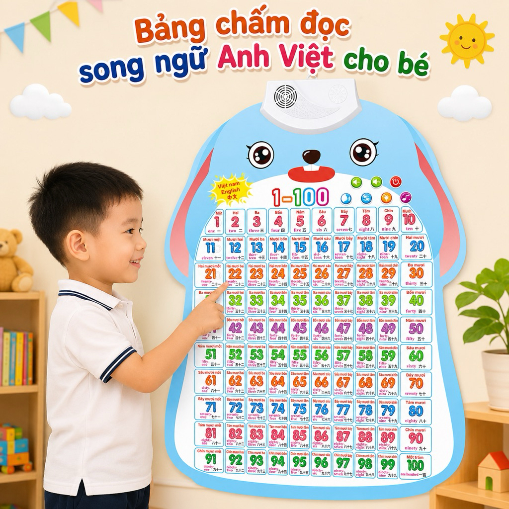 [Pin +Móc] Bảng số 1-100, bảng chữ cái tiếng Việt, tiếng Anh giáo dục cho trẻ