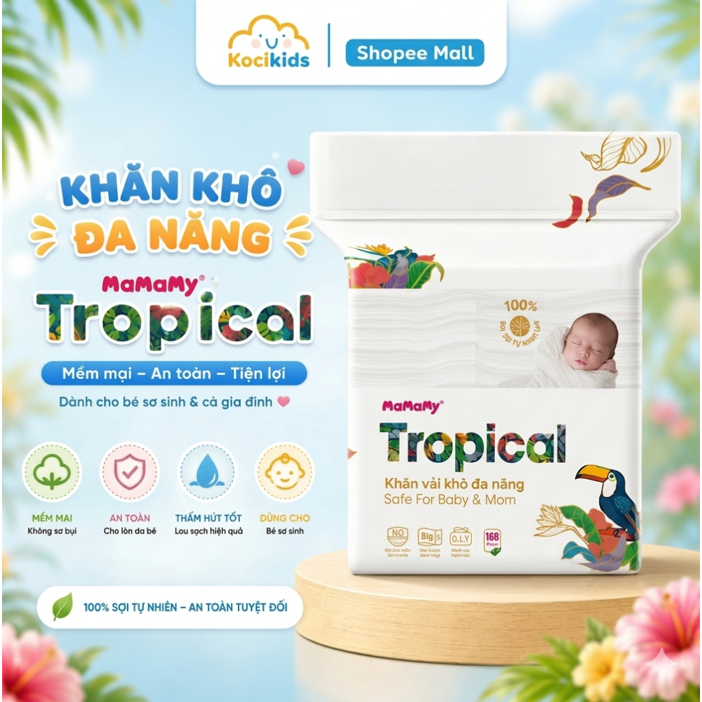 Khăn khô đa năng Mamamy Tropical cao cấp dành cho mẹ và bé 160 tờ/túi