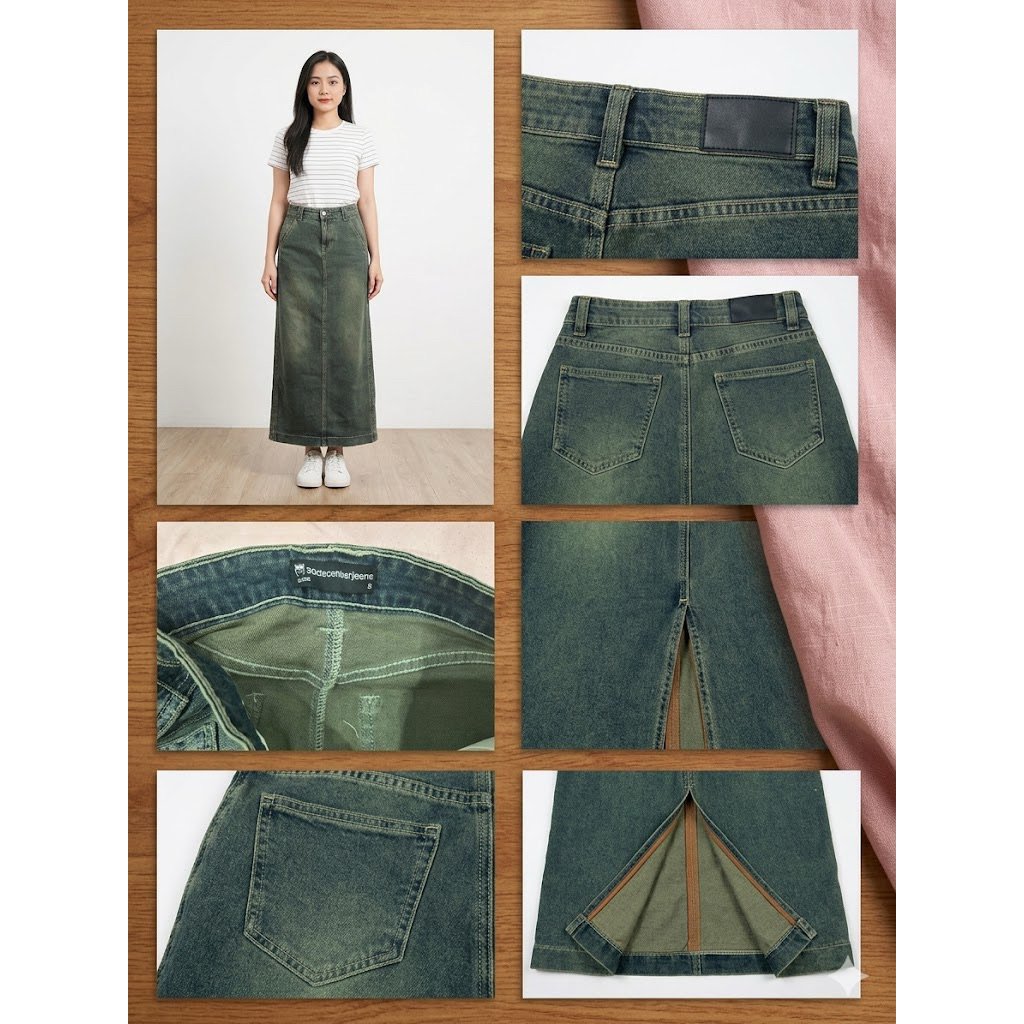 (PASS 15 SIZE S) Chân Váy Denim Dài 20decemberjeans Wash Rêu Khói xẻ sau