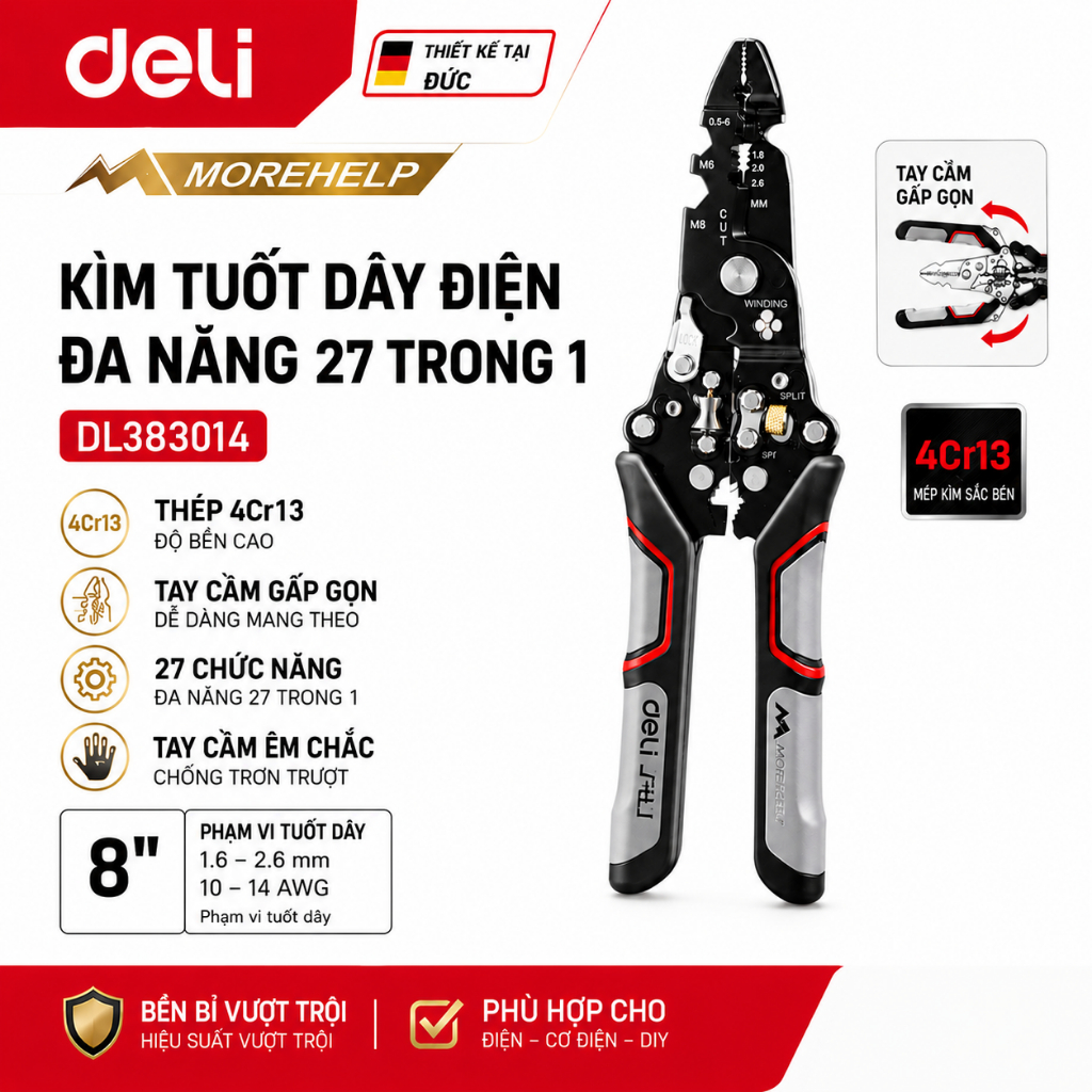 Kìm Tuốt Dây Điện Đa Năng 27 Trong 1 Deli DL383014 8 Inch – Cắt, Tuốt, Bấm Cos Chuyên Nghiệp