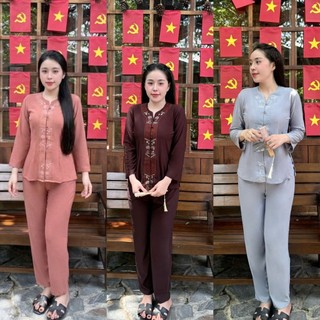 lắc khóa thun đồ lam đi chùa vải co giãn không nhăn set đồ lam trung niên cổ tròn