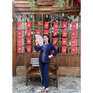 lắc khóa thun đồ lam đi chùa vải co giãn không nhăn set đồ lam trung niên cổ tròn