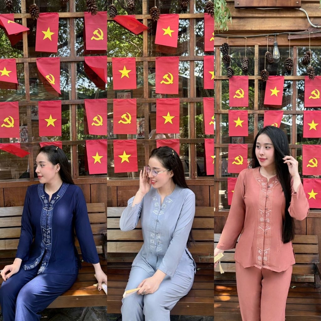 lắc khóa thun đồ lam đi chùa vải co giãn không nhăn set đồ lam trung niên cổ tròn