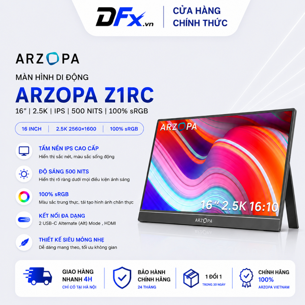 Màn Hình Di Động ARZOPA Z1RC 16" 2.5K IPS | 500 Nits | 100% sRGB | USB-C HDMI | Chính Hãng |Hỏa Tốc