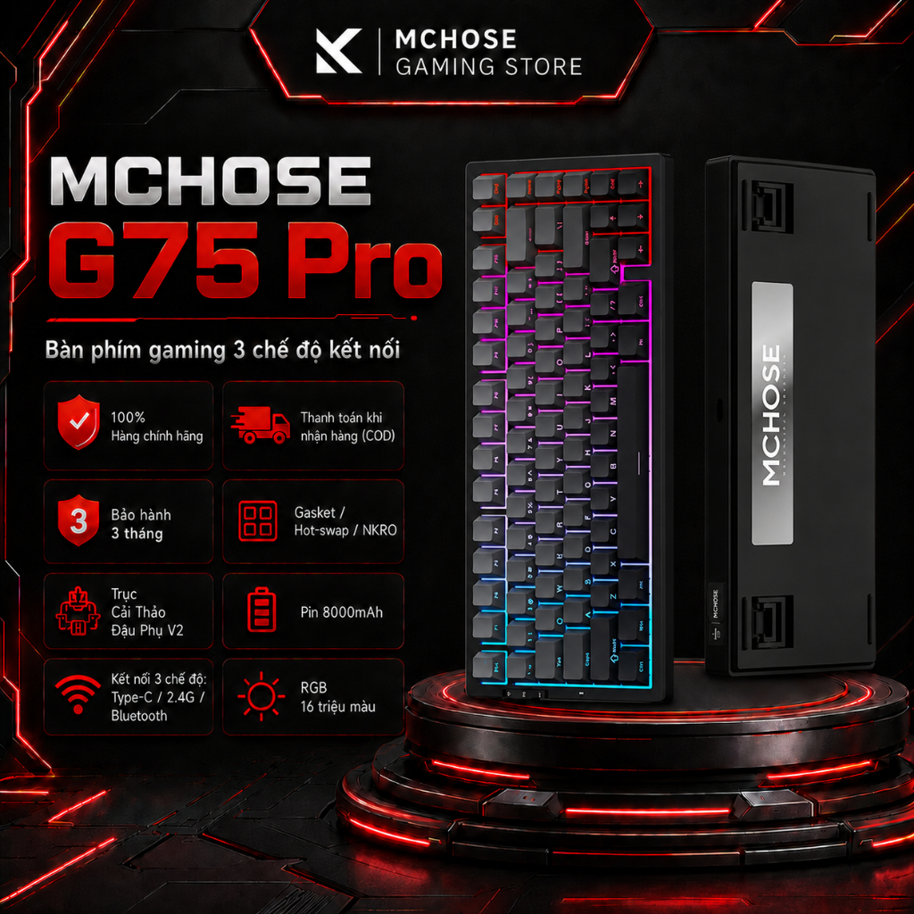 MCHOSE G75 Pro Đen Bàn Phím Cơ Gaming Không Dây Bluetooth RGB Gasket Hot Swap 75% PBT 8000mAh Keyboa