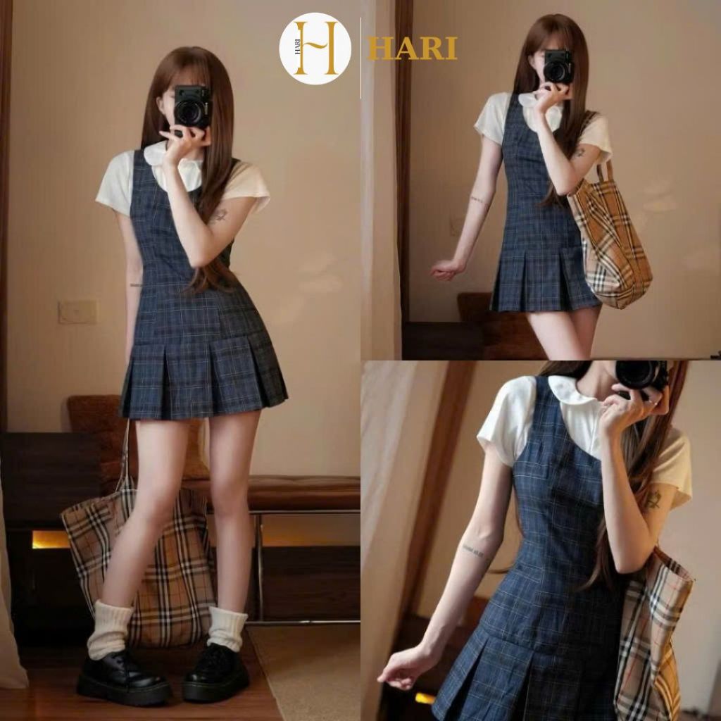 Set Váy Yếm Kẻ Caro Hari Xếp Ly Mix Áo Thun Cổ Sen Nữ Dáng Ngắn Tiểu Thư Dễ Thương Style Hàn Quốc Đi Chơi Xinh Xắn 21372 | BigBuy360 - bigbuy360.vn