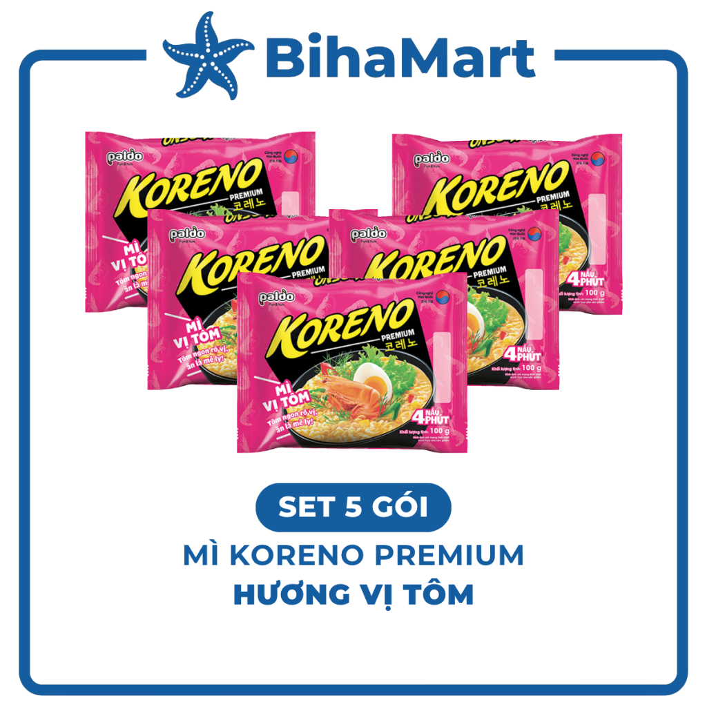 SET 5 GÓI - PALDO - Mì Koreno Premium hương vị Tôm, Mì Koreno tôm, Mì tôm Koreno Hàn Quốc ăn liền, M