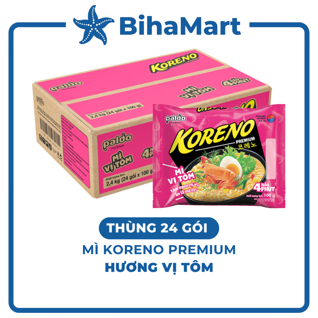 THÙNG 24 GÓI PALDO - Mì Koreno Premium hương vị Tôm, Mì Koreno tôm, Mì tôm Koreno Hàn Quốc ăn liền, 