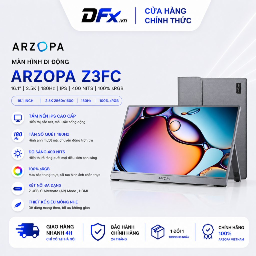 Màn Hình Di Động ARZOPA Z3FC 16.1" 2.5K 180Hz IPS | 107% sRGB | USB-C Mini HDMI | Chính Hãng | Hỏa T