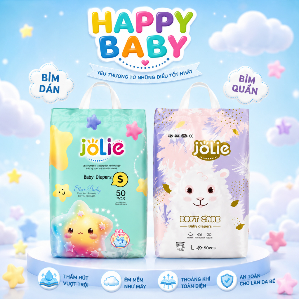 [Jolie] Combo 2 Bịch 100 Miếng Bỉm/Tã Quần/Dán Jolie đủ size S đến 4XL Cho Bé Mềm Mại - Happy Baby M