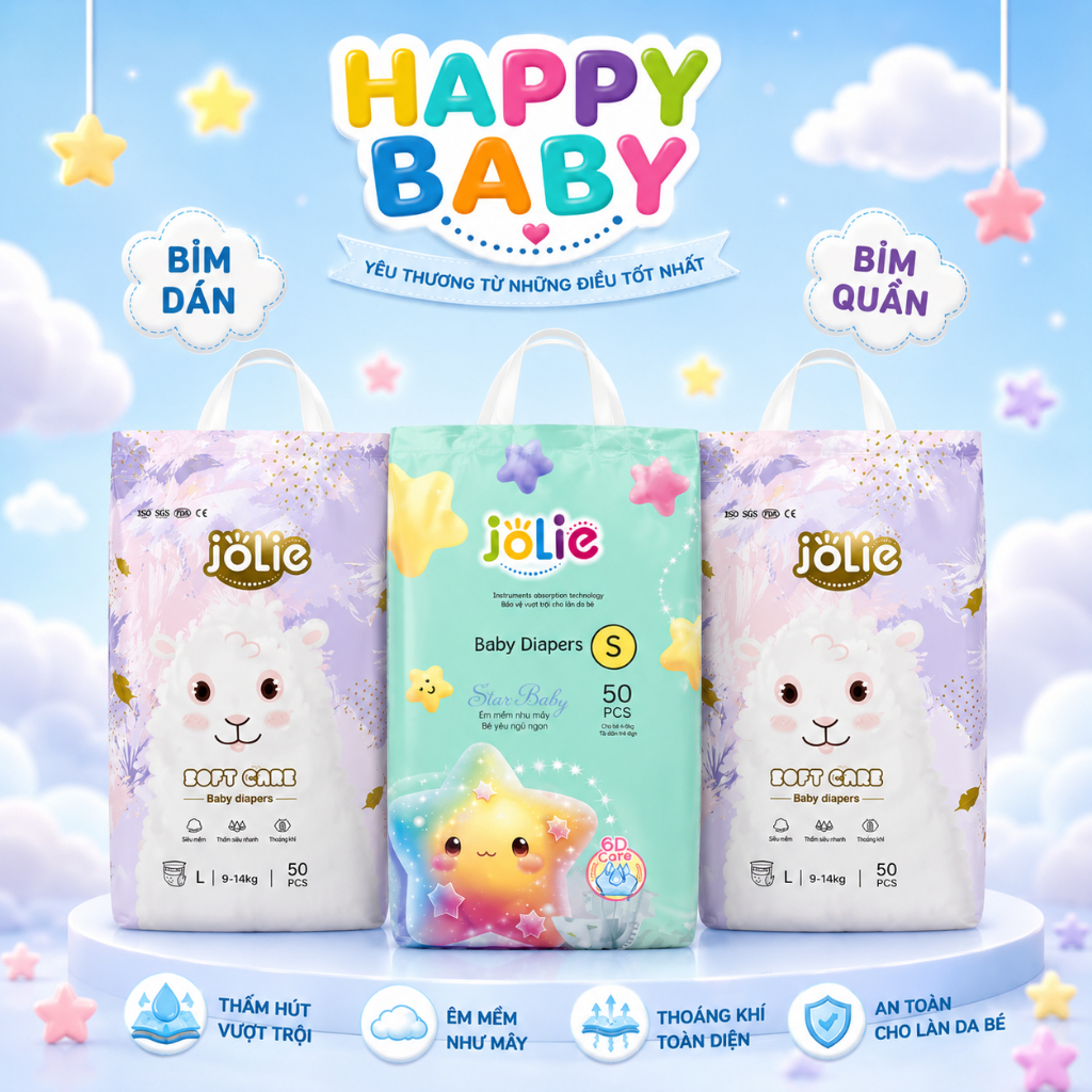 [Jolie 150 miếng] Combo 3 bịch ( mỗi bịch 50 miếng) Bỉm/Tã Quần/Dán Jolie đủ size S đến 4XL cho bé