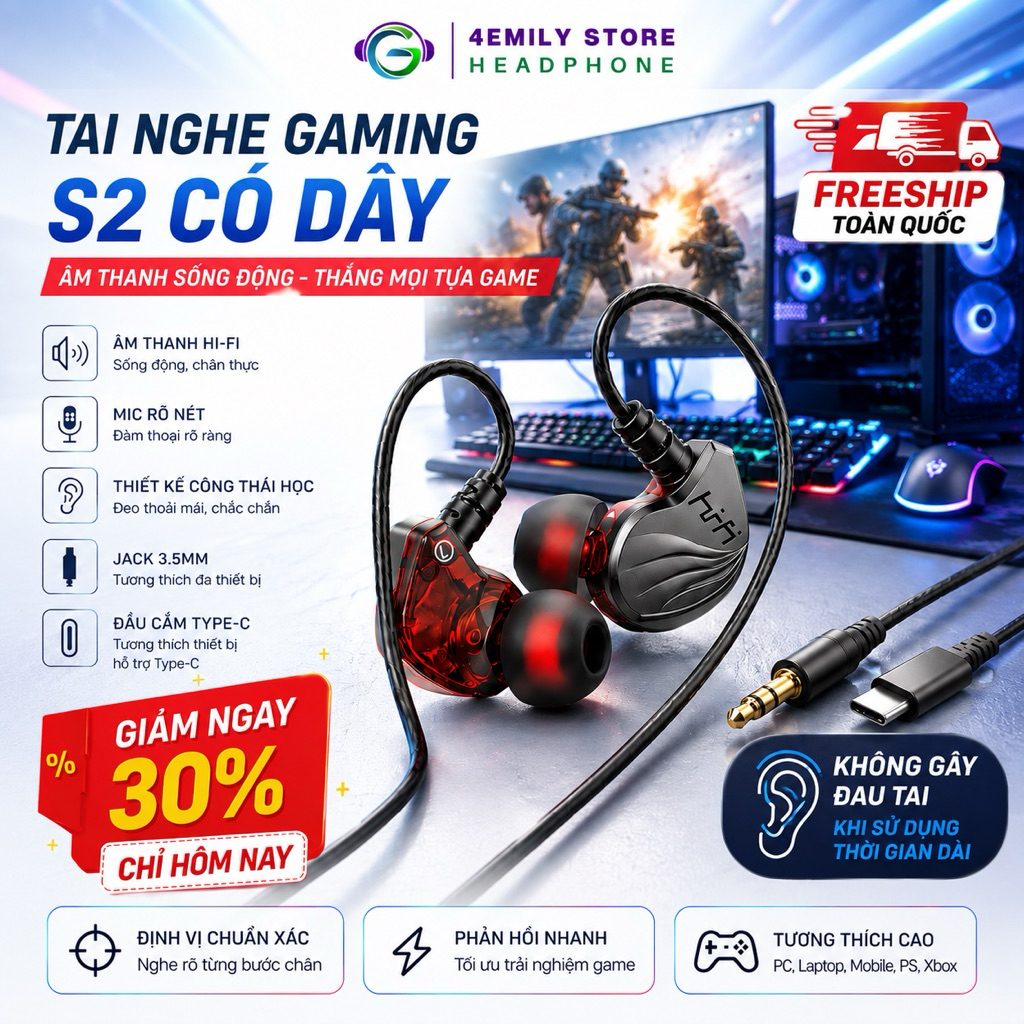 Tai nghe chơi game có dây S2000/T2000 Bass căng độ trễ thấp giảm tiếng ồn. 4emily