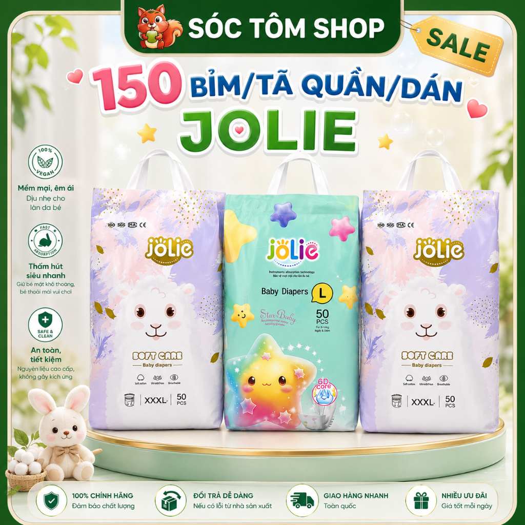 [Jolie 150] Combo 3 bịch bỉm/tã quần/dán Jolie hàng xuất Anh phiên bản cao cấp đủ size S đến 4XL