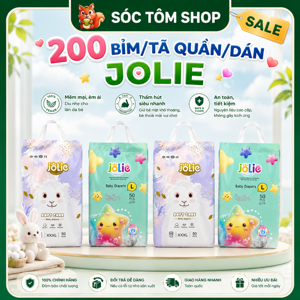 [Jolie 200] Combo 4 bịch bỉm/tã quần/dán Jolie hàng xuất Anh phiên bản cao cấp đủ size S đến 4XL