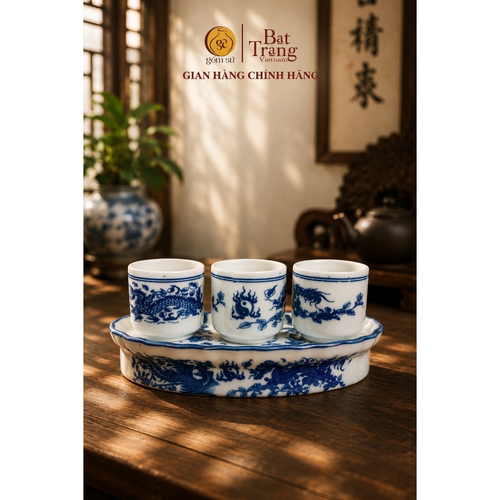 Bộ kỷ thờ 3 chén, gốm sứ Bát Tràng