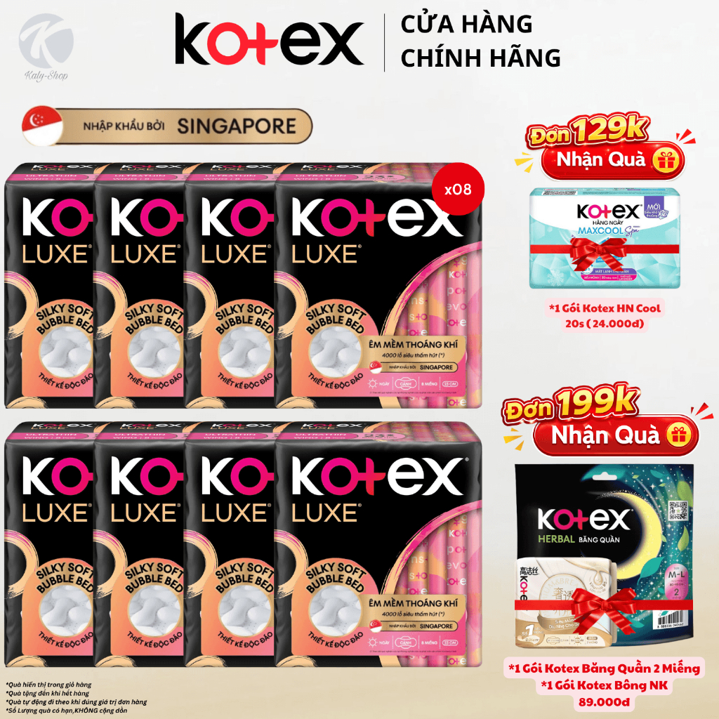 Băng vệ sinh Kotex Luxe ban ngày mỏng nhẹ – Êm mềm cao cấp | Combo 8 gói