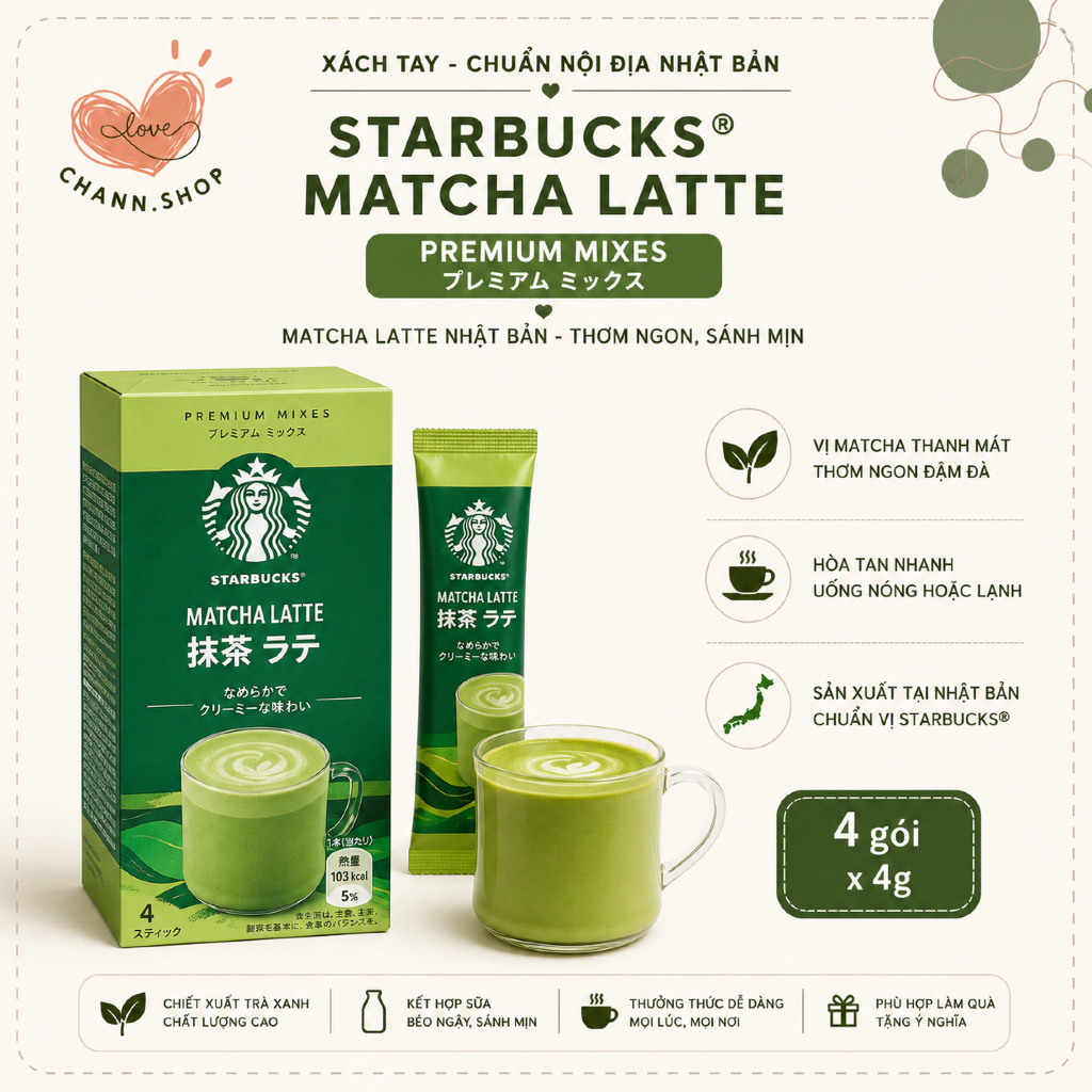 Hộp Starbucks Premiun Mixes Matcha Latte Nhật Bản Hộp 4gói