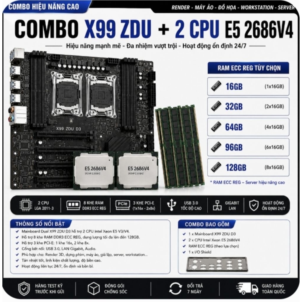 COMBO MAIN X99 DUAL + 2 CPU XEON E5 2686V4 Ram 64gb 128gb