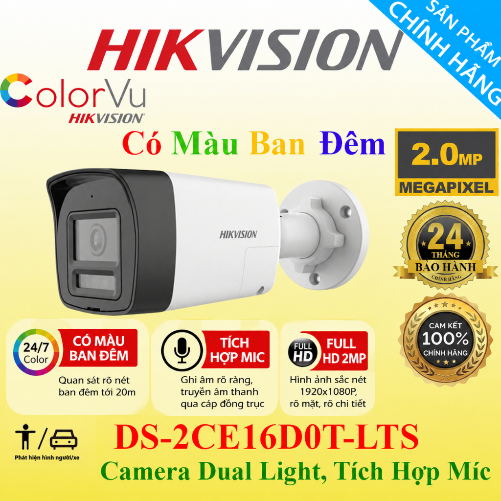 Camera HIKVISION ANALOG 2MP DS-2CE16D0T/78D0T-LTS Có Hồng Ngoại, Có Màu, IP67, Hàng Chính Hãng, Bảo 