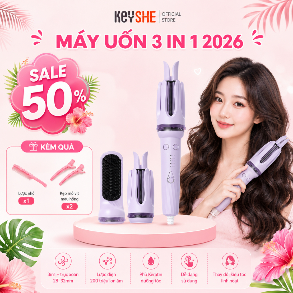 [HOẢ TỐC HCM] Máy uốn tóc 3 trục thay đổi KEYSHE duỗi,uốn,làm thẳng tóc chính hãng làm nóng 30s,chốn
